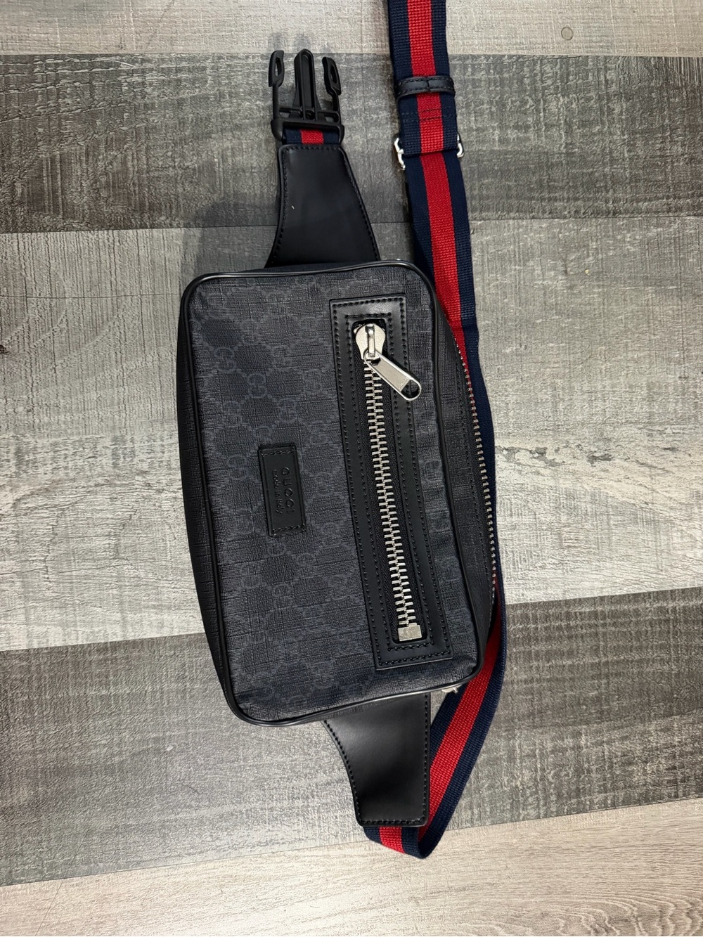 Gucci Black GG Supreme Canvas Belt Bag with Red & Navy Web Strap